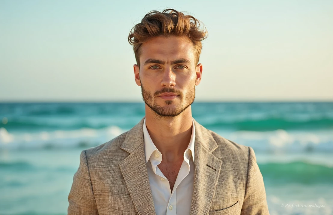 Een ontspannen bruidegom draagt een linnen beige pak op een strandbruiloft. Gouden uur belichting, turquoise oceaan op de achtergrond, ondiepe scherptediepte. Het pak is licht gekreukeld, wat een casual en comfortabele sfeer uitstraalt.