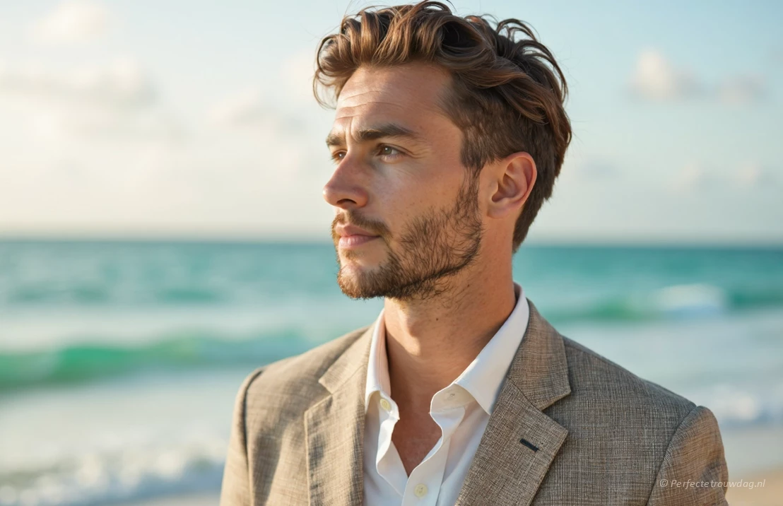 Een ontspannen bruidegom draagt een linnen beige pak op een strandbruiloft. Gouden uur belichting, turquoise oceaan op de achtergrond, ondiepe scherptediepte. Het pak is licht gekreukeld, wat een casual en comfortabele sfeer uitstraalt.