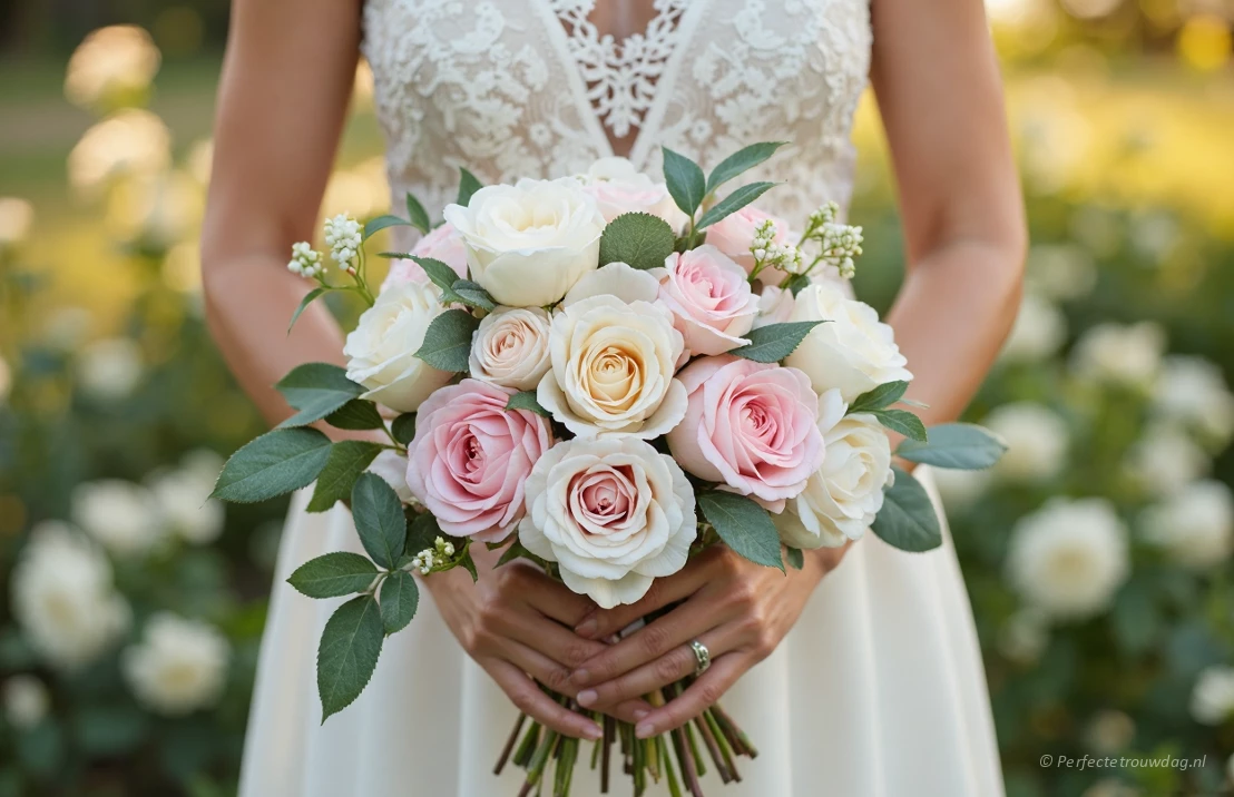 Een bruid houdt haar tijdloze bruidsboeket vast waarin vooral bloemen zitten met pastel kleuren.