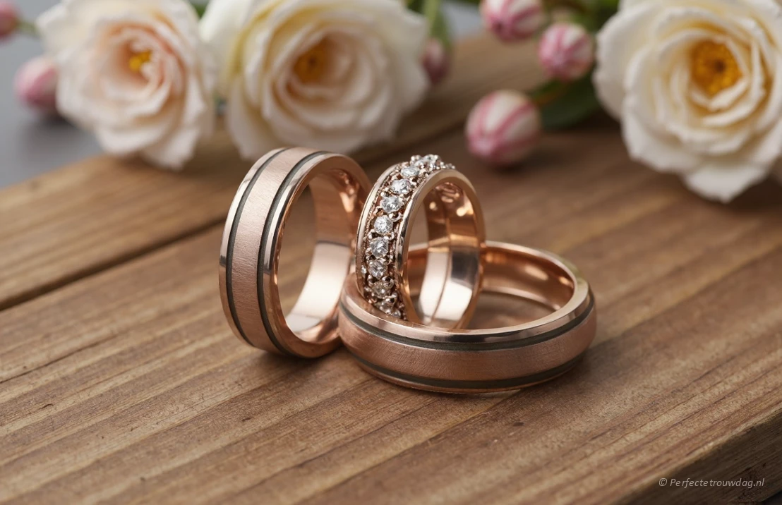 3 ringen op een houten blad als ondergrond met als optie om de trouwring met de verlovingsring te combineren