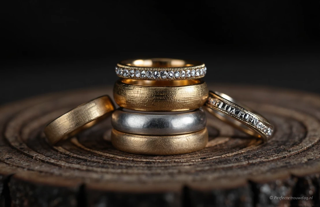 Een stapel verschillende metalen trouwringen (goud, platina, palladium) artistiek gerangschikt op een donkere houten ondergrond.