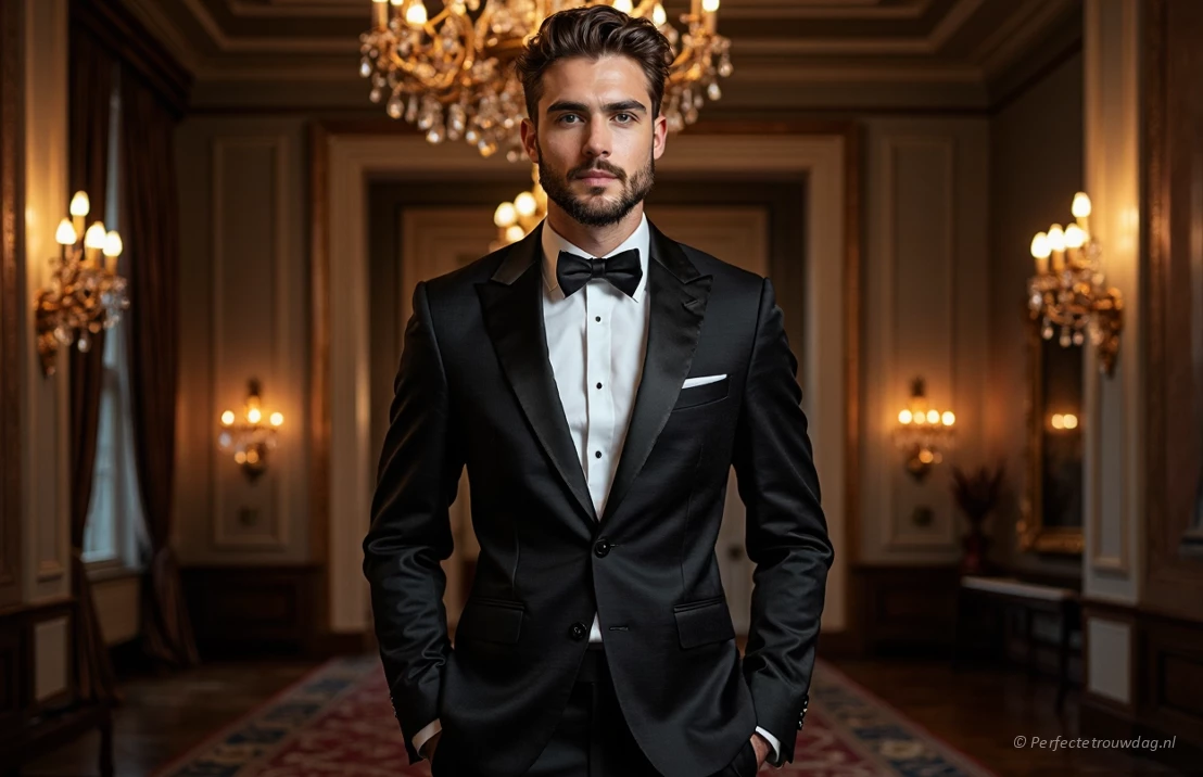 Een bruidegom in een klassiek zwart smoking, staand in een grand ballroom met sierlijke kroonluchters. Dramatische belichting, die de scherpte van het pak en de elegantie van de omgeving benadrukt.