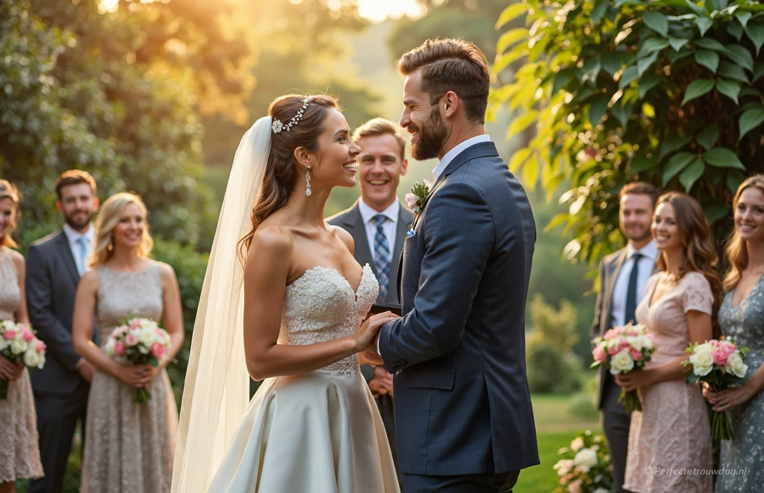 Bruidspaar geeft elkaar het ja-woord tijdens de ceremonie buiten