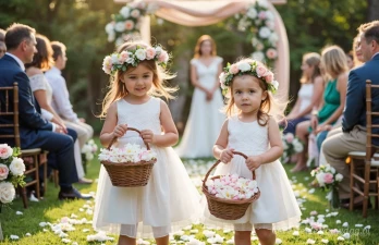 Twee kleine meisjes op een bruiloft dragen een bloemenmandje en een bloemenkrans in hun haar.