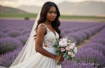 Mooie vrouw met trouwjurk omgeven door bloemen