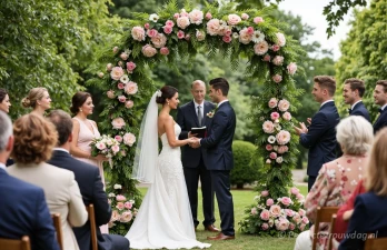 Huwelijksceremonie onder een bloemenboog