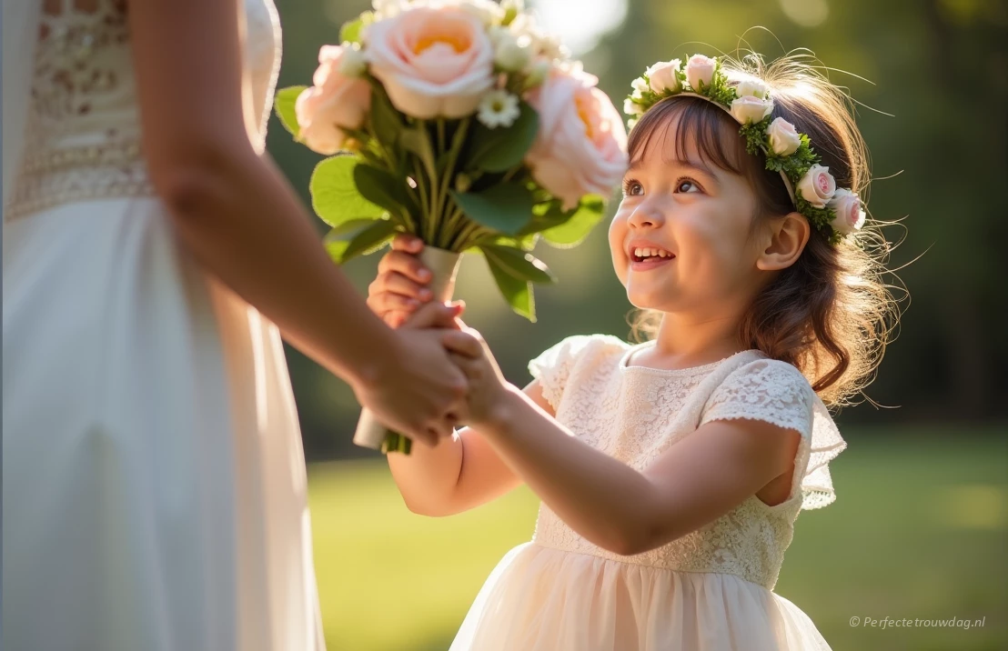 Een jonge meisje met een bloemenkrans geeft een boeket bloemen aan de bruid, een ontroerend moment vastgelegd.