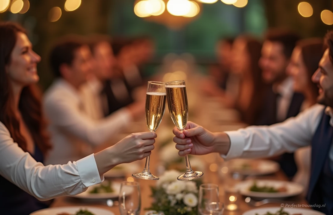 Een vrolijk koppel dat proost met champagne, omringd door geliefden op hun bruiloftsfeest.