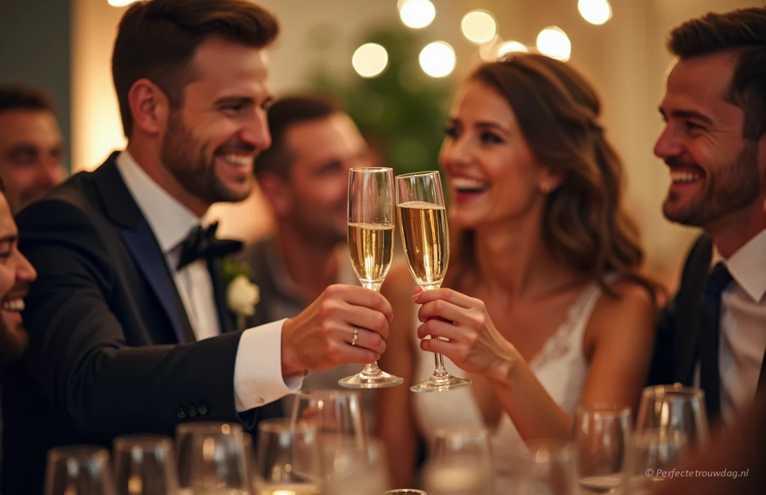 Een vrolijk koppel dat proost met champagne, omringd door geliefden op hun bruiloftsfeest.