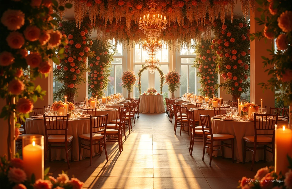 Een prachtig versierde trouwlocatie, overvol met bloemen en kaarsen, in een romantische sfeer.