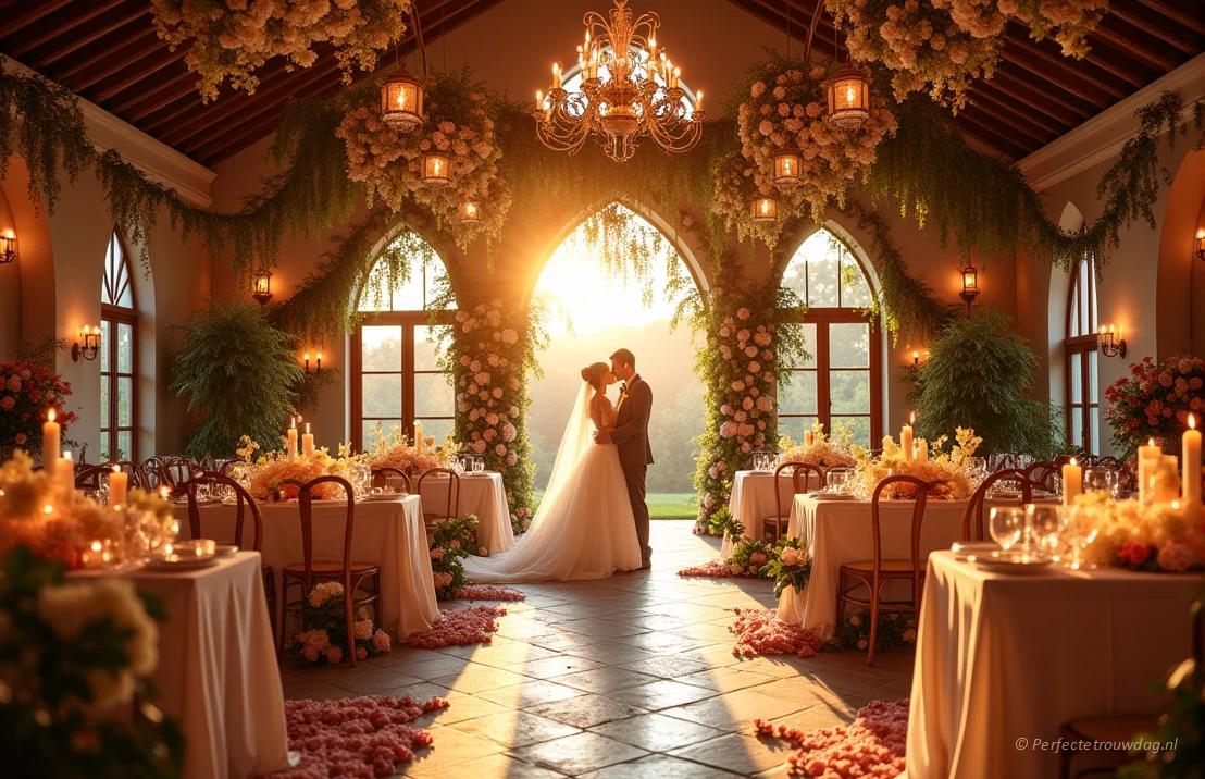 Een prachtig versierde trouwlocatie, overvol met bloemen en kaarsen, in een romantische sfeer.