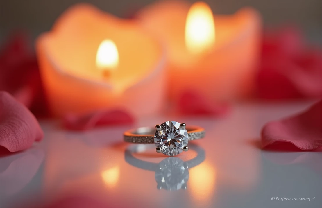 Een close-up van een prachtige verlovingsring met een sprankelende diamant, tegen een wazige achtergrond van romantische kaarsen en rozenblaadjes.
