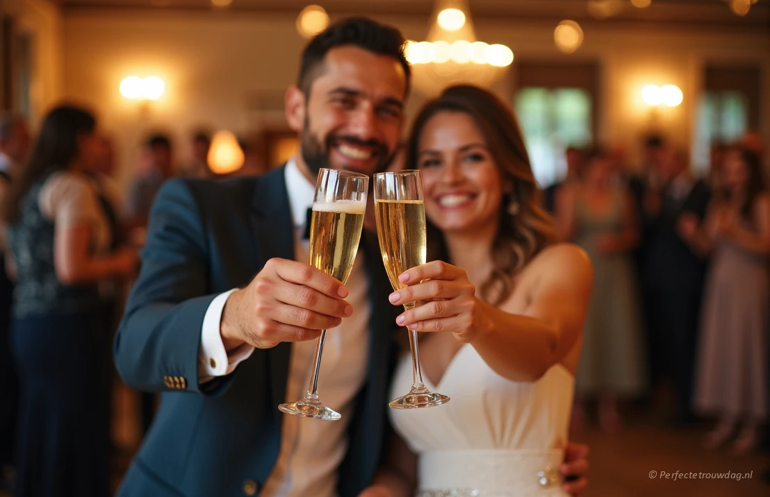 Een vrolijk koppel dat proost met champagne, omringd door geliefden op hun bruiloftsfeest.