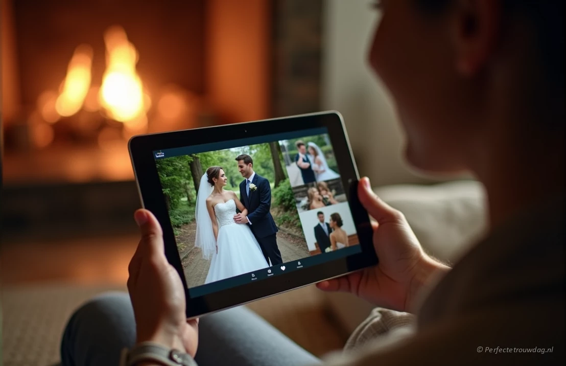 Een digitaal trouwalbum op een tablet, met een diavoorstelling van trouwfoto's, zachte gloed van het scherm, wazige achtergrond van een gezellige woonkamer, een nostalgisch moment vastleggend.