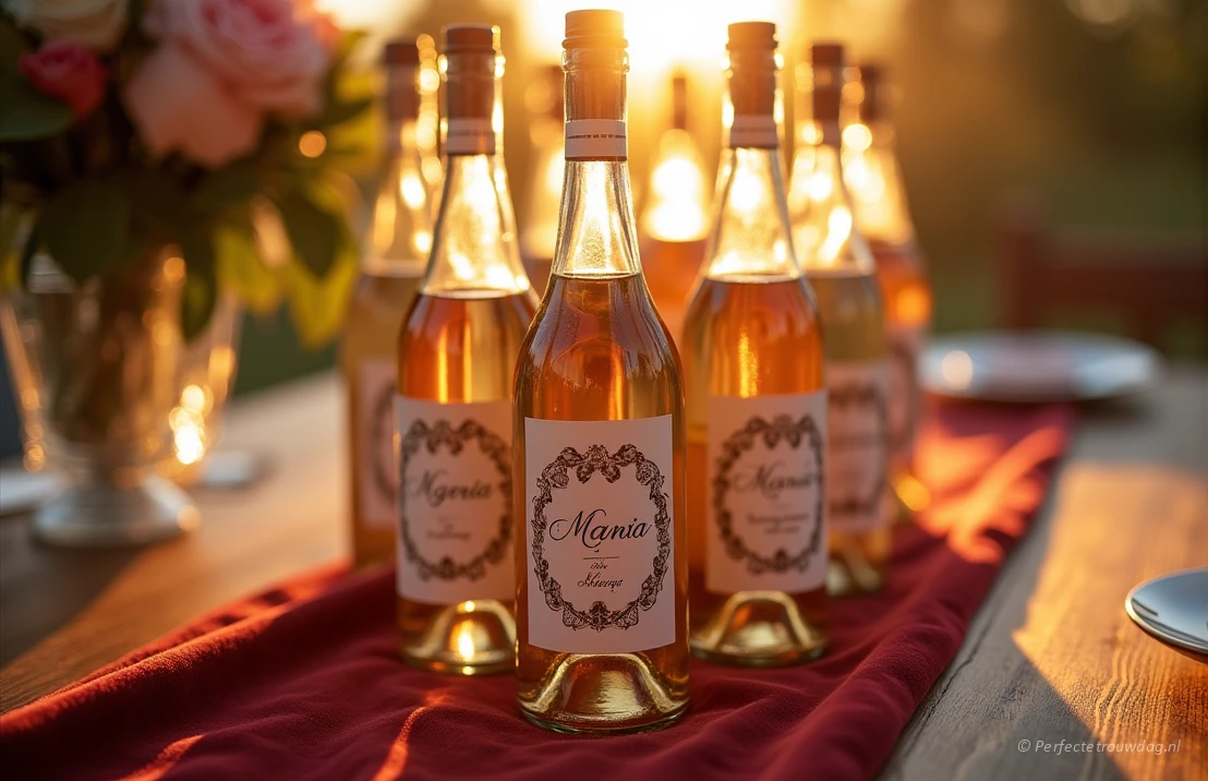 Elegante glazen wijnflessen met aangepaste kalligrafie-etiketten, weergegeven op een fluwelen tafelkleed, warme gouden uur verlichting, bruiloftsbedankjes, verfijnde sfeer.