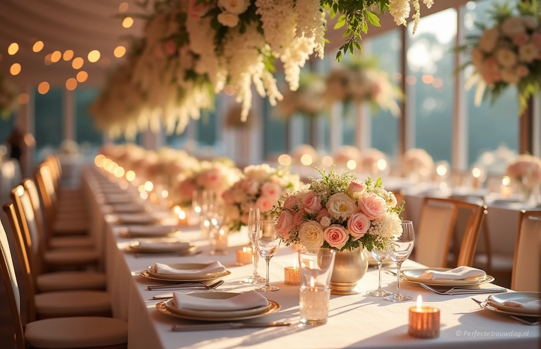 Een fotorealistische afbeelding van een elegante bruiloftsreceptie met lange tafels, wit linnen, kristallen glazen en overvloedige bloemstukken.