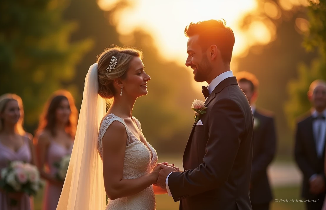 Een fotorealistische foto van een bruidspaar dat trouwbeloften uitspreekt in het gouden uur, met een zachte, romantische sfeer en wazige gasten op de achtergrond.