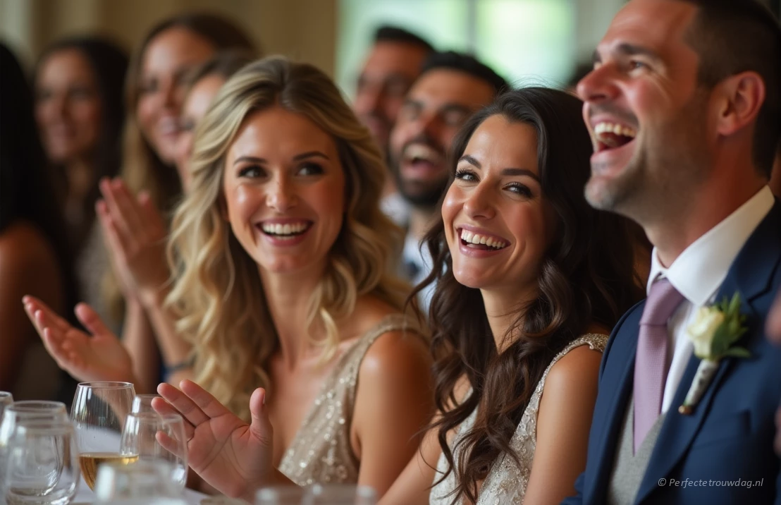 Een diverse groep gasten lacht en geniet van een speech tijdens een bruiloft. De foto straalt vreugde en verbinding uit.