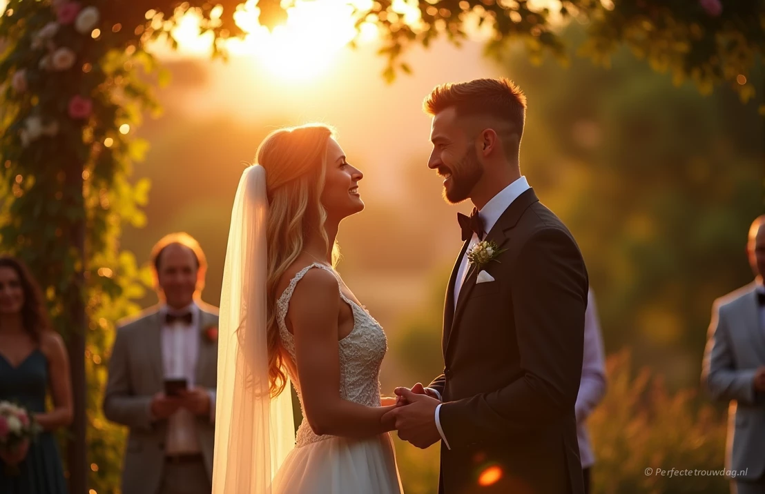 Een fotorealistische foto van een bruidspaar dat trouwbeloften uitspreekt in het gouden uur, met een zachte, romantische sfeer en wazige gasten op de achtergrond.