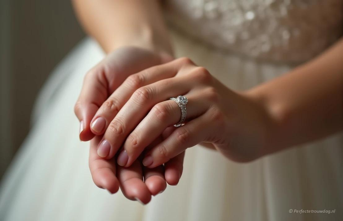 Een fotorealistische close-up van de handen van een bruid die een delicate diamanten trouwring krijgt, met een zachte, romantische sfeer.