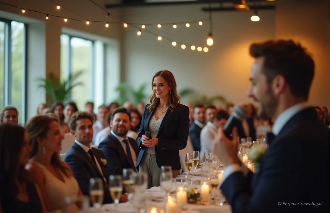 Een foto van een moderne bruiloftslocatie met iemand die een ontroerende speech geeft en de reacties van het publiek vastlegt.