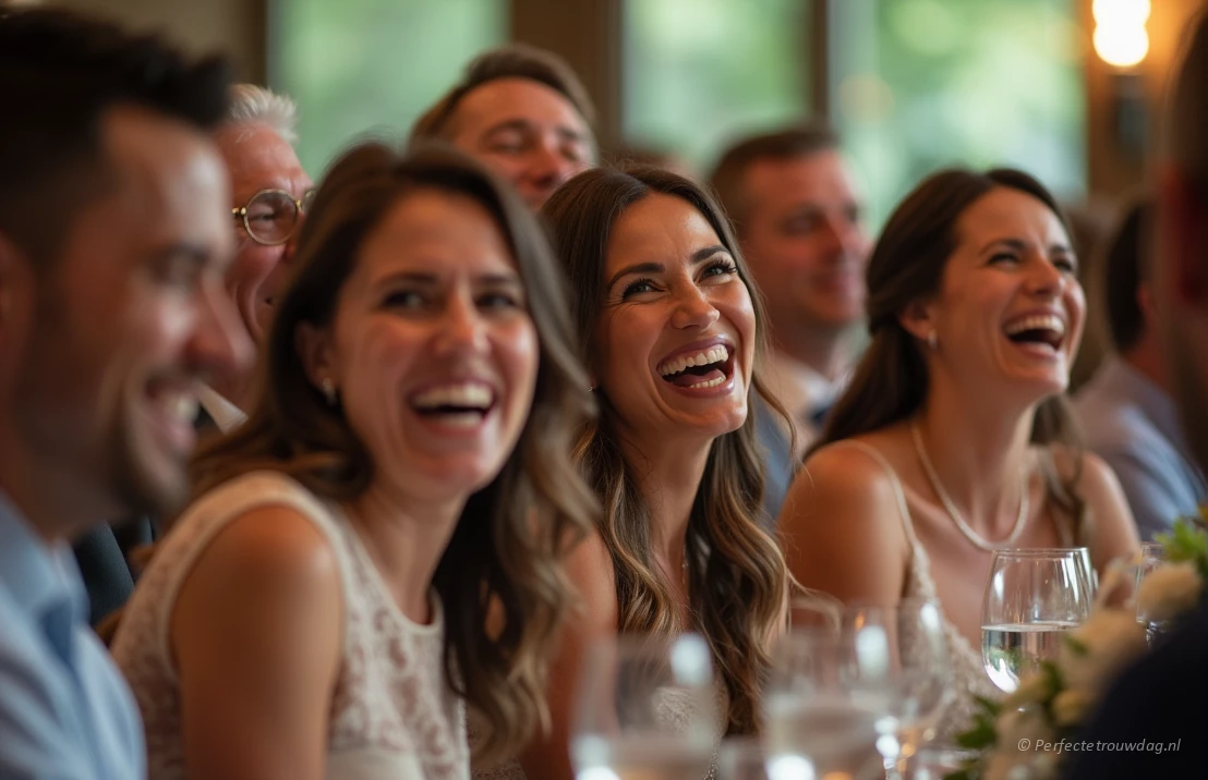 Een diverse groep gasten lacht en geniet van een speech tijdens een bruiloft. De foto straalt vreugde en verbinding uit.