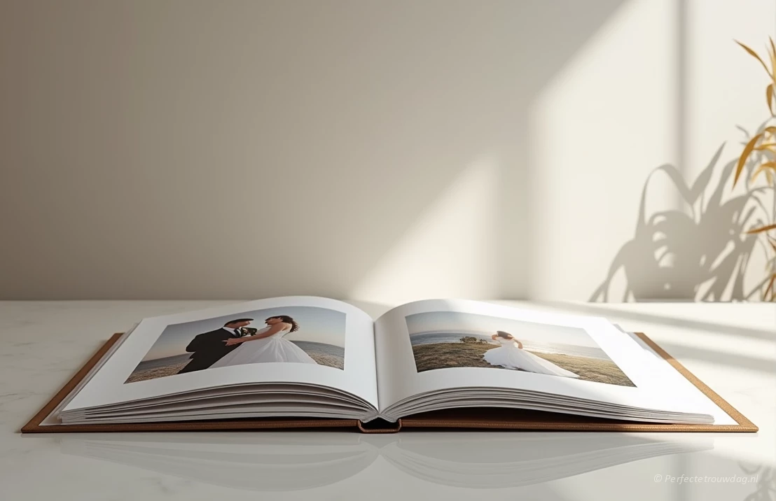 Een luxe layflat trouwalbum geopend op een tafel, met een brede trouwfoto en een strak, minimalistisch ontwerp.