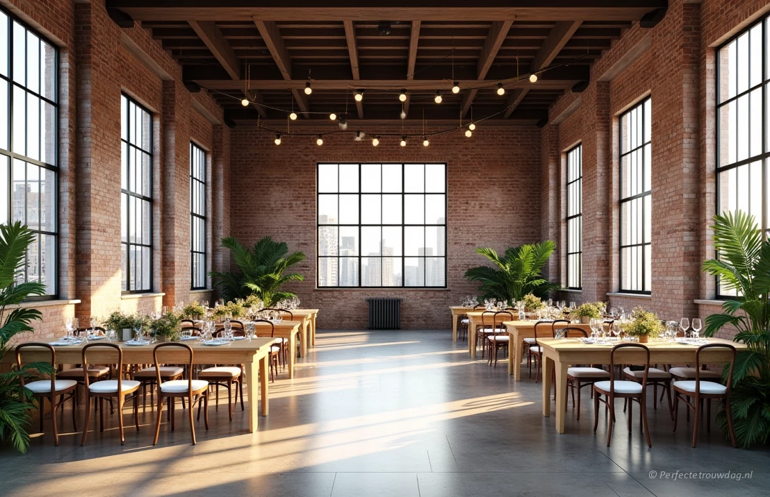 Een trendy trouwlocatie in een industriële hal. Blootliggende bakstenen muren en grote ramen met uitzicht op de stad. Een minimalistische en stijlvolle sfeer.