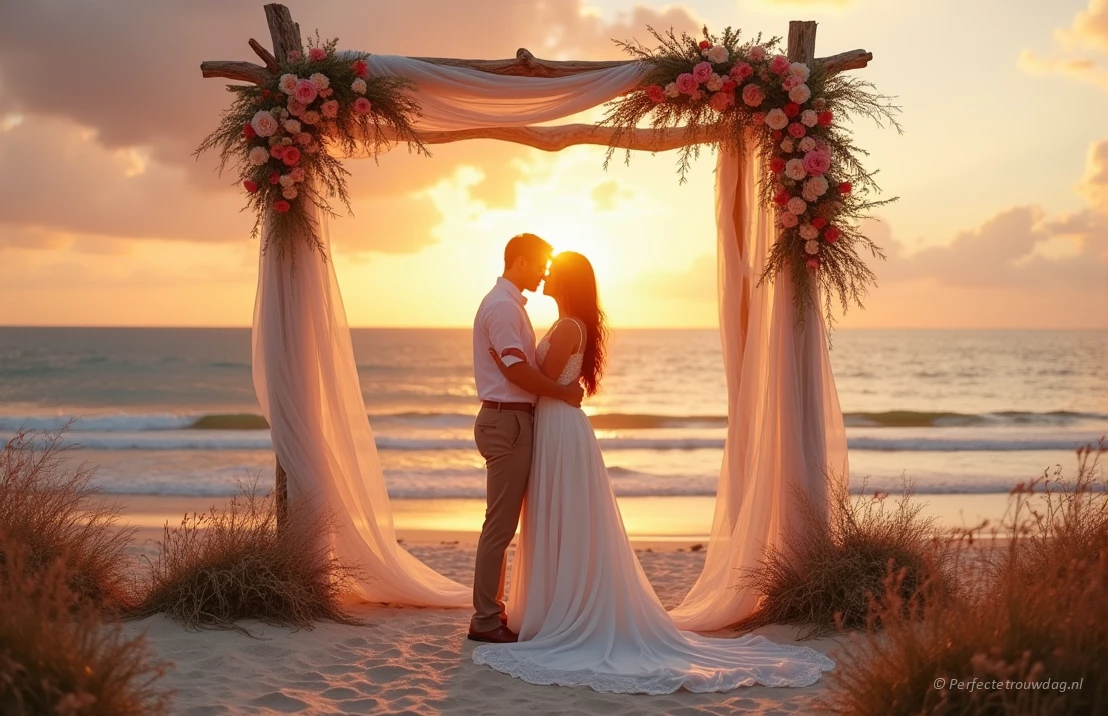 Een romantische bruiloft op het strand bij zonsondergang. Houten bogen en vloeiende stoffen creëren een ontspannen en boheemse sfeer.