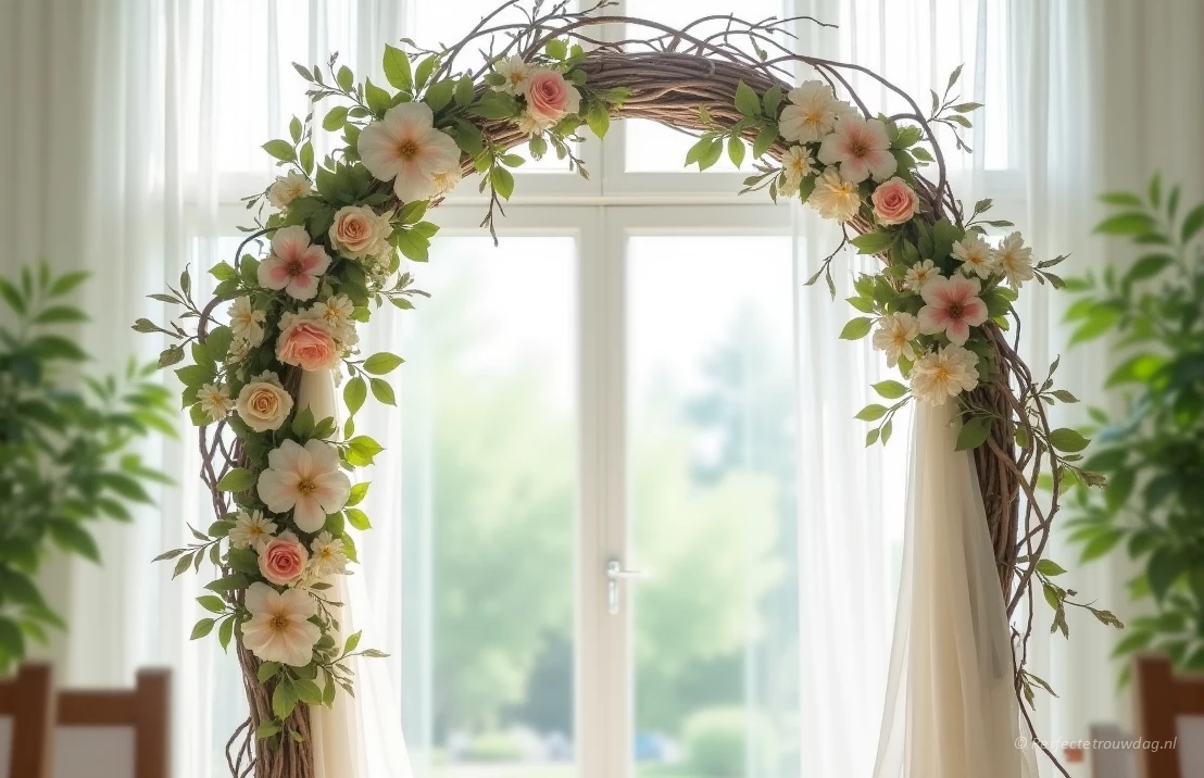 Een romantische ceremonieboog versierd met bloemen en witte stof.