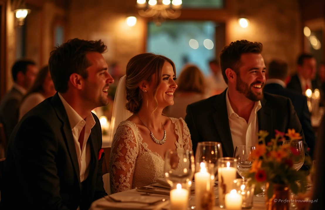 Een intieme herfst bruiloftsreceptie in een rustieke schuur, warme kaarsverlichting, rijke herfstkleuren, focus op de gezellige sfeer en gelukkige gasten, vage achtergrond, lange belichting.