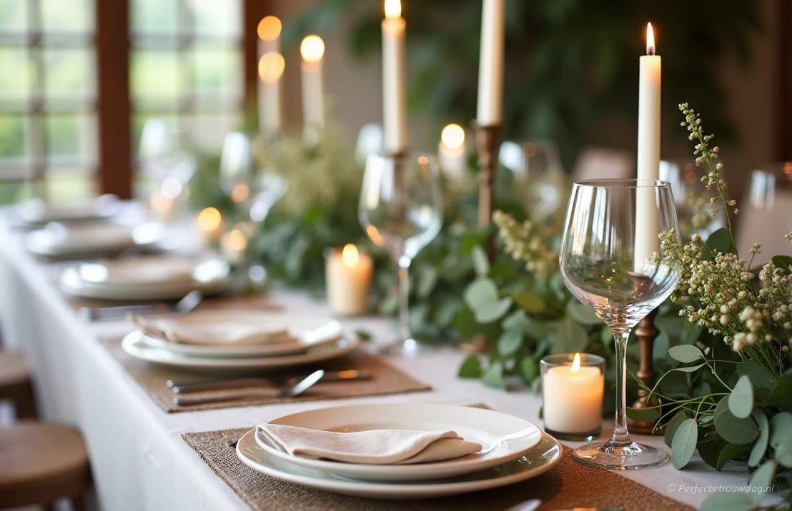 Een prachtig gedekte tafel voor een bruiloftsreceptie, met eenvoudige, elegante decoratie. Natuurlijk licht, aandacht voor texturen, kaarsen en groen.