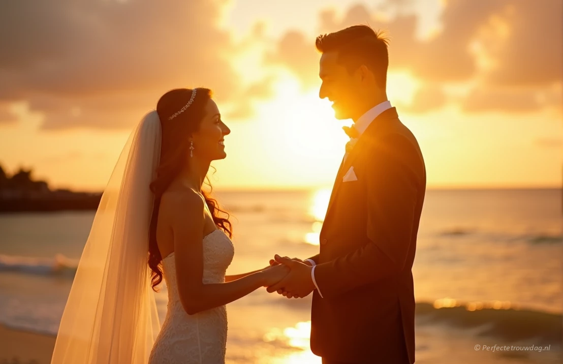 Een gouden uren foto van een koppel dat trouwbeloftes uitwisselt op een zonovergoten strand, dramatische lucht, warme tinten, focus op de emotionele verbinding, natuurlijk licht, hoge details.
