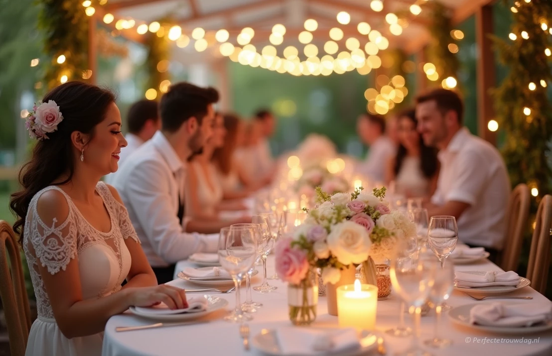 Een zachte, elegante bruiloftsreceptie in een bloeiende lentetuin, pastelkleuren, bokeh, cinematische belichting, focus op delicate bloemstukken en gelukkige koppels.