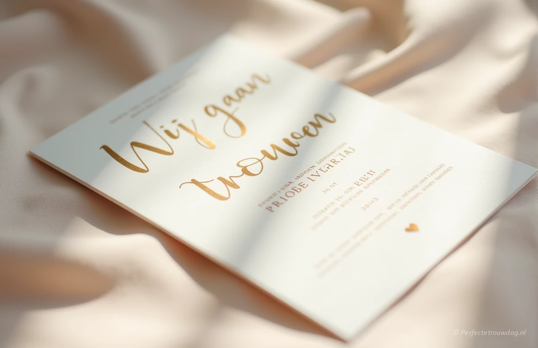 Een trouwkaart met de tekst "Wij gaan trouwen" met gouden sierletters