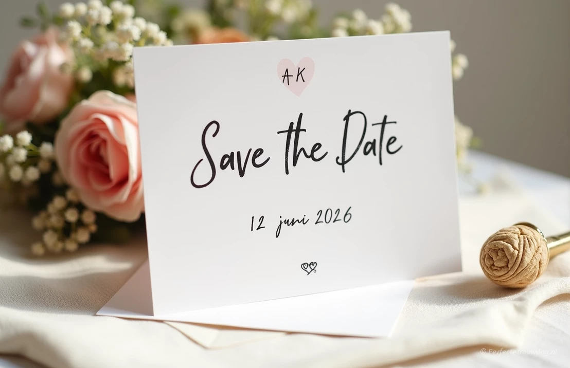 Kaartje voor bij de trouwkaart met een save the date uitnodiging voor de bruiloft.