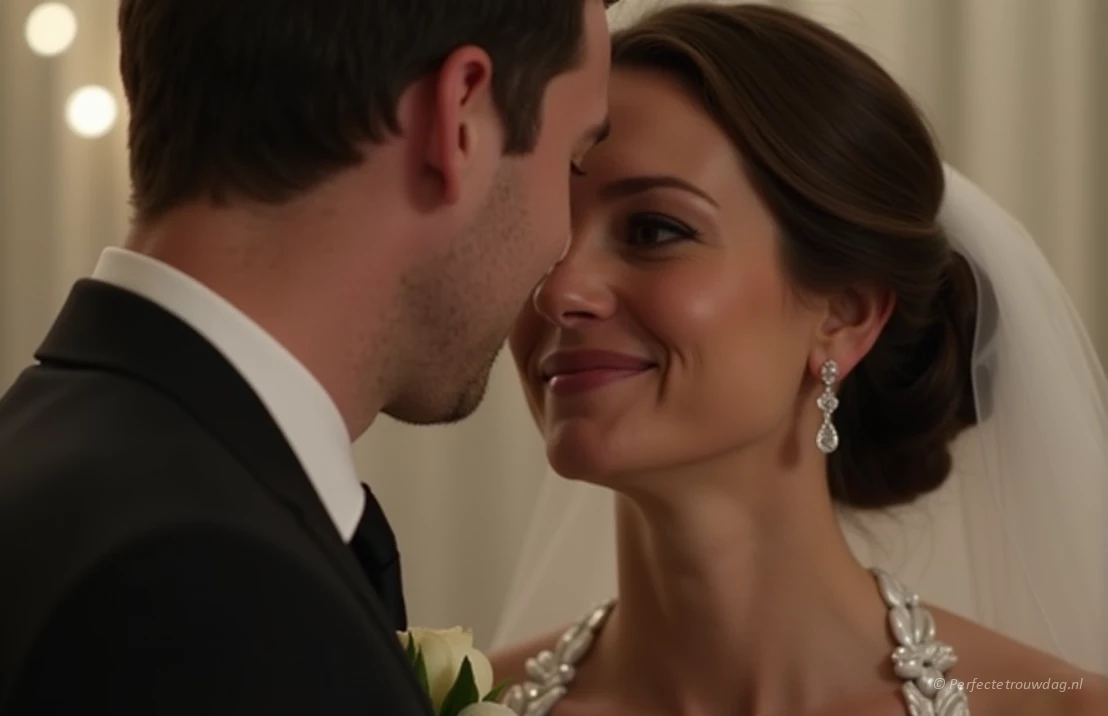 Een close-up foto van een bruid en bruidegom die een liefdevol moment delen tijdens hun huwelijksfeest. Zachte, diffuse belichting, ondiepe scherptediepte, met de nadruk op emotie en verbinding.