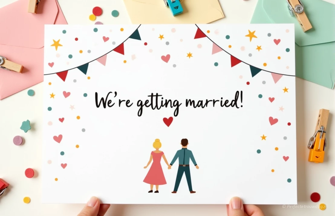 Een trouwkaart op een speelse manier met de tekst: we're getting married
