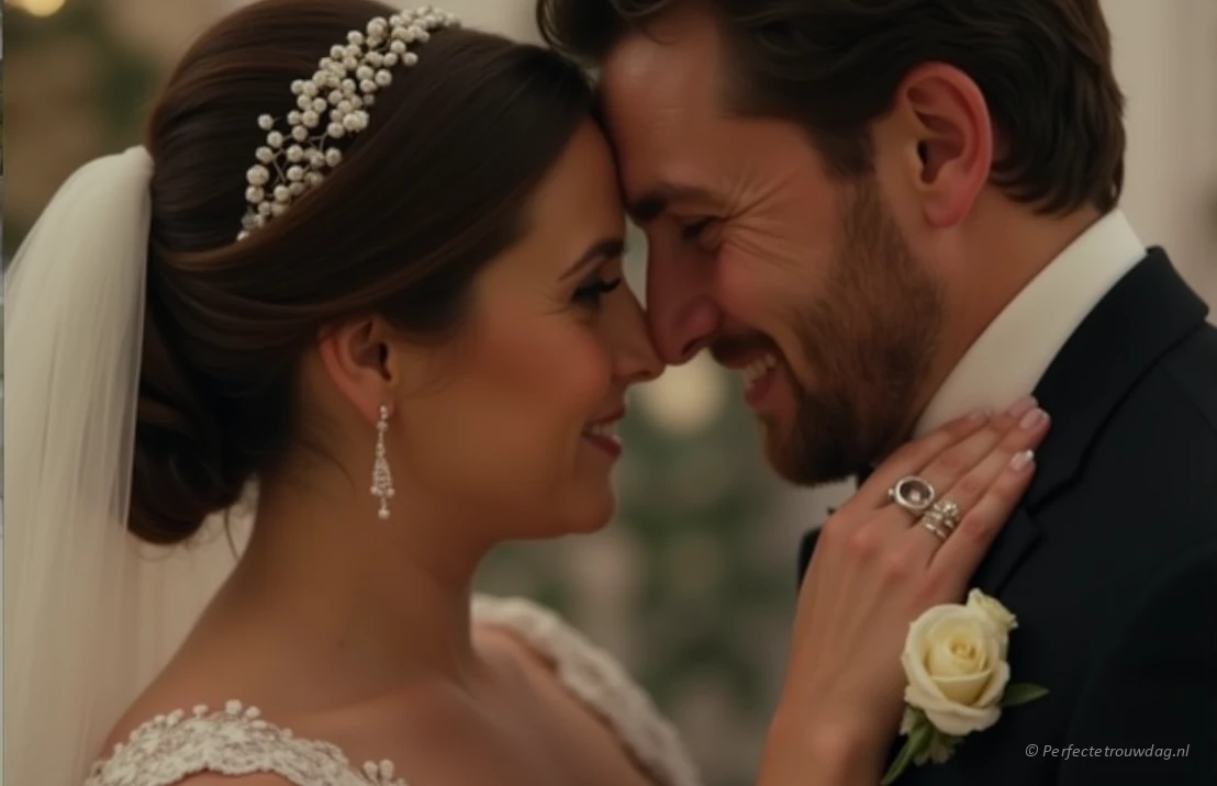 Een close-up foto van een bruid en bruidegom die een liefdevol moment delen tijdens hun huwelijksfeest. Zachte, diffuse belichting, ondiepe scherptediepte, met de nadruk op emotie en verbinding.