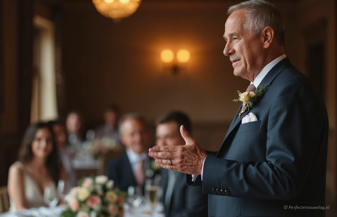 De vader van de bruid houdt een emotionele speech. De foto is realistisch en legt de warmte en emotie in zijn gezicht vast.