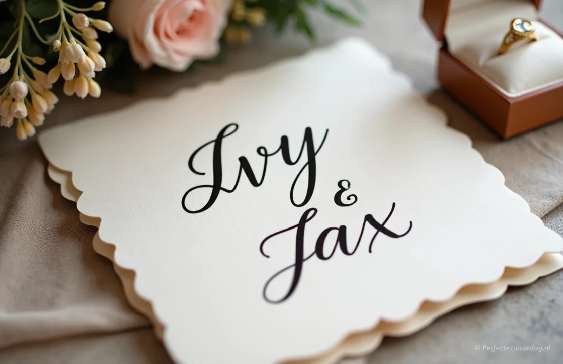 Trouwkaart in een romantische stijl met bloemetjes en handwriting lettertype.