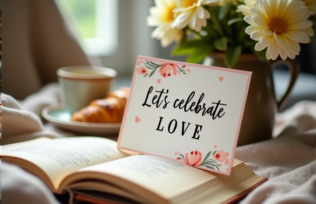 Een trouwkaart met de tekst op de voorkant: let's celebrate love