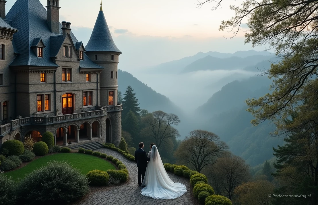 Een majestueus kasteel, gelegen boven een nevelige vallei. Formele tuinen en subtiele verlichting creëren een elegante en sprookjesachtige sfeer.