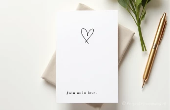 Een minimalistische trouwkaart met de tekst: join us in love