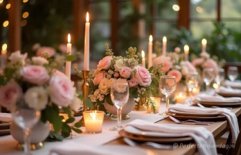 Een prachtig gedekte tafel met veel bloemen, kaarsen en decoratie voor de bruiloft.