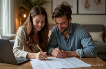 Stel maakt samen de gastenlijst op papier voor hun aanstaande bruiloft.