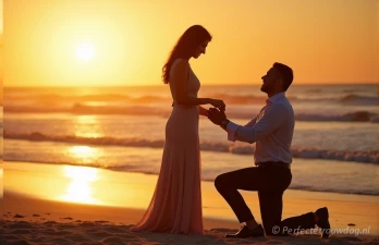 Man vraagt vrouw ten huwelijk op het strand met ondergaande zon