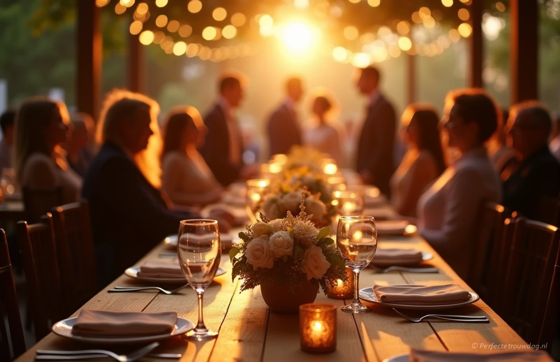 Een intieme bruiloftsreceptie met zacht gouden licht, een lange houten tafel gedekt met elegante bloemstukken en een wazige achtergrond van vrolijke gasten.