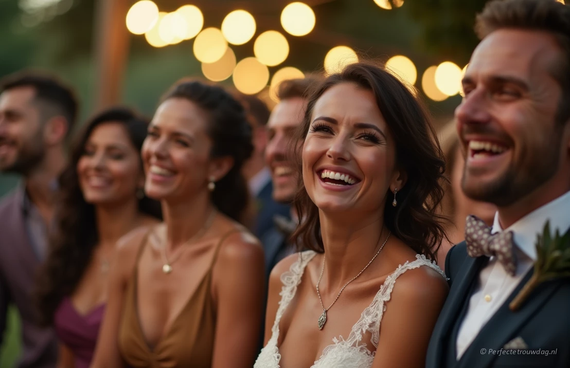 Een diverse groep mensen lacht en geniet van een bruiloftsfeest in een buitenomgeving met bokeh-lampjes op de achtergrond.