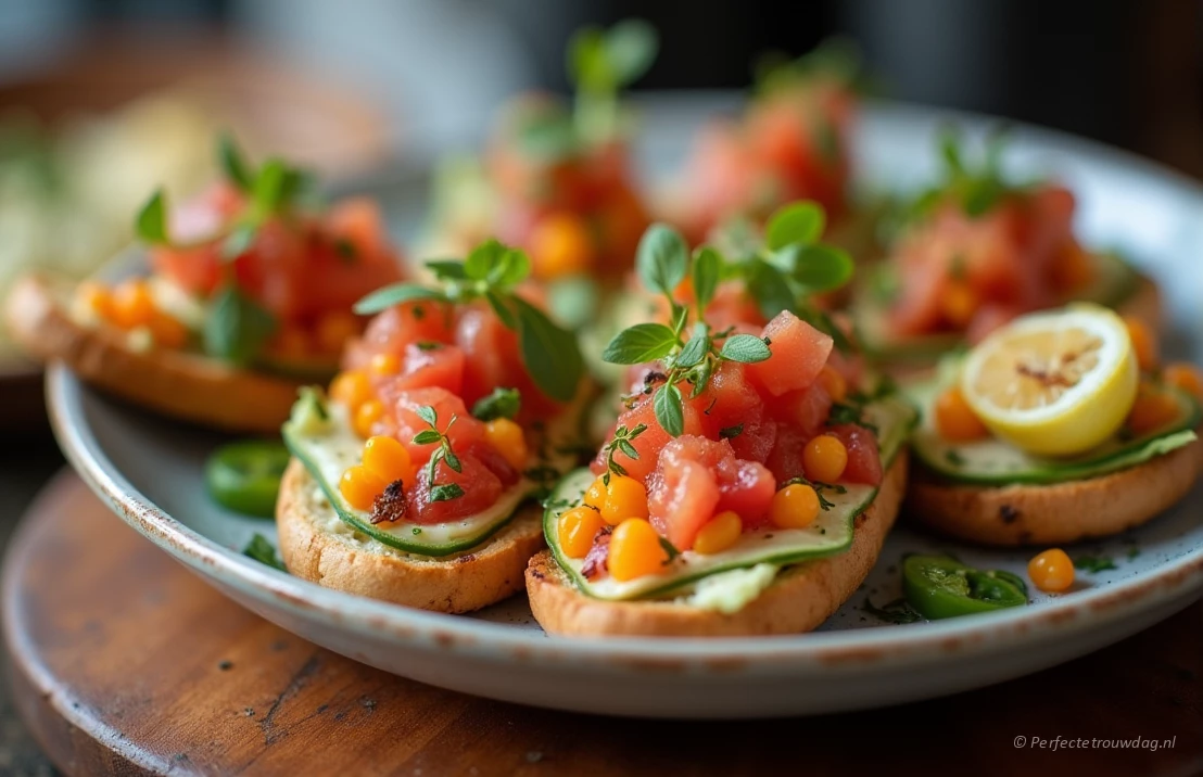 Een close-up shot van een mooi gepresenteerde shared dining plank met diverse tapas gerechten, met kleurrijke ingrediënten en ingewikkelde arrangementen.